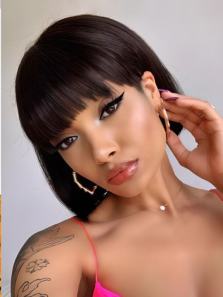 CurlyMe Silk Straight Hair Non Lace Glueless Bob Wig With Bangs