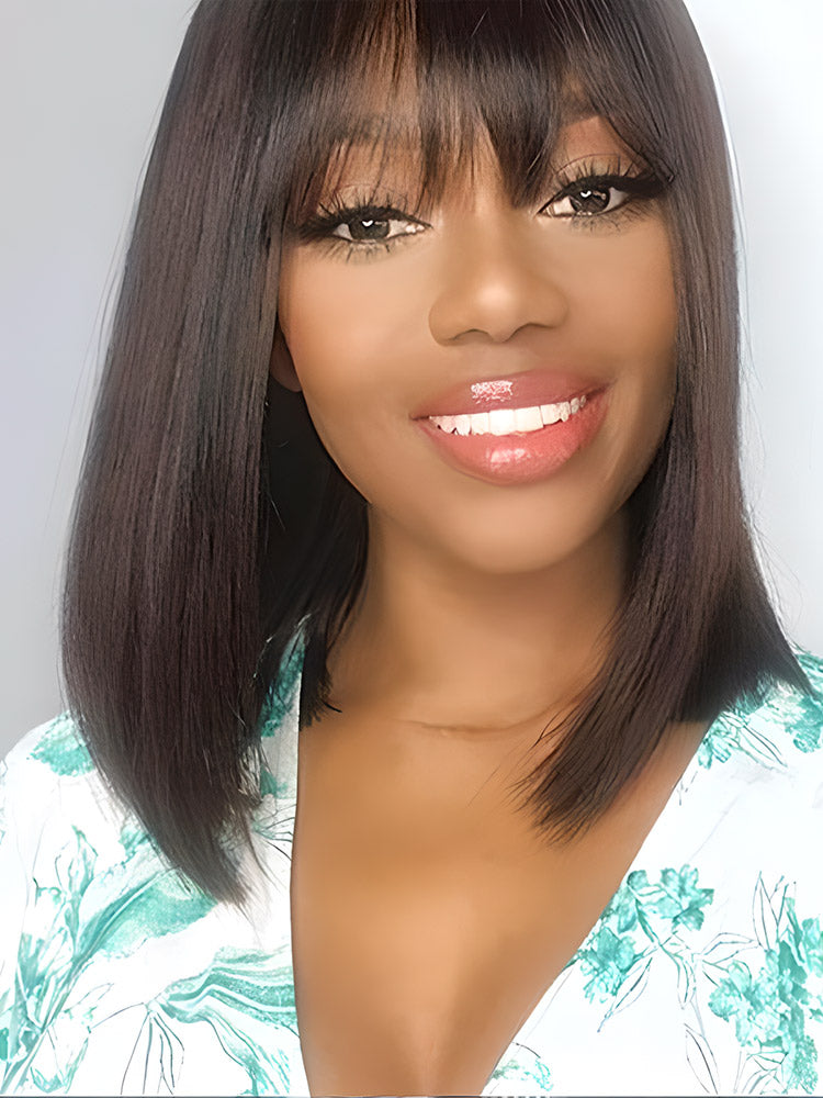 CurlyMe Silk Straight Hair Non Lace Glueless Bob Wig With Bangs