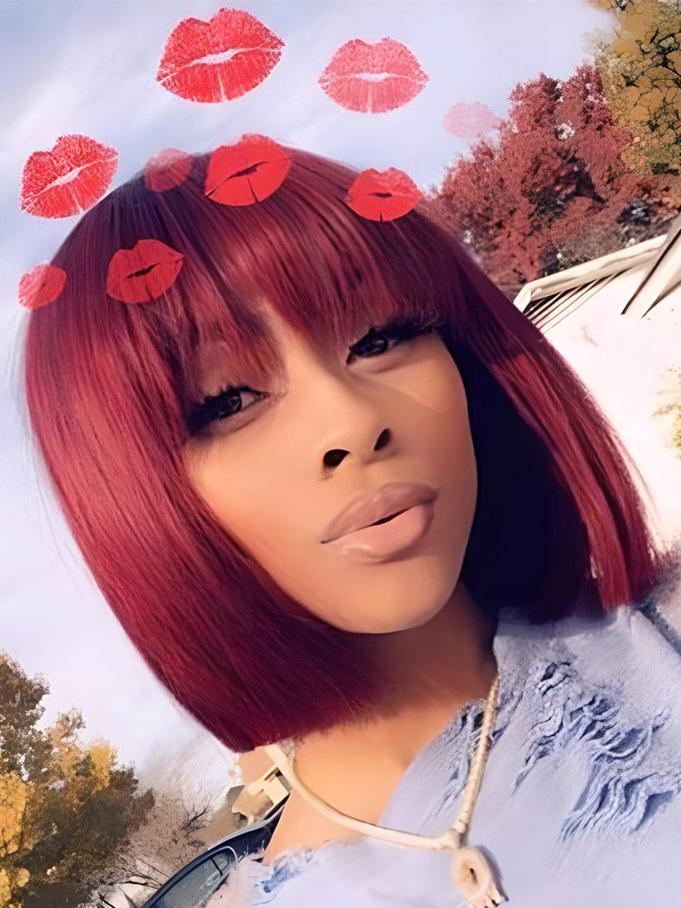 CurlyMe Straight Hair Bob Wigs With Bangs 99J Burgundy Color Wigs With Bangs No Lace No Glue