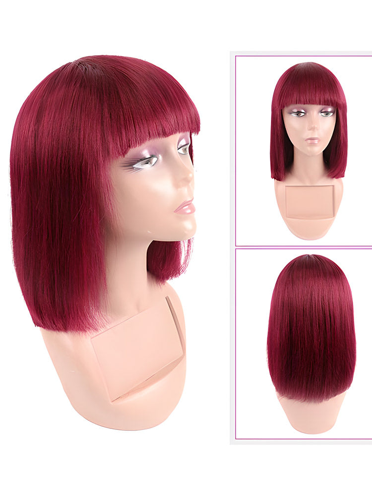 CurlyMe Straight Hair Bob Wigs With Bangs 99J Burgundy Color Wigs With Bangs No Lace No Glue