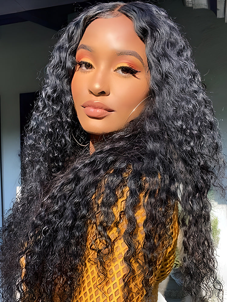 CurlyMe Water Wave Hair T part HD Lace Front Wigs Human Hair Natural Black