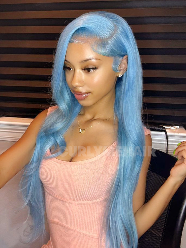 CurlyMe Hot Color Lake Brilliant Blue Straight Hair 13x4 Lace Front Wigs