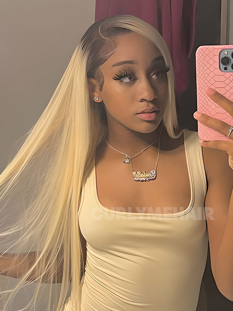 CurlyMe Ombre Blonde Hair With Brown Root Straight Hair 13x4 Lace Front Wigs Human Hair