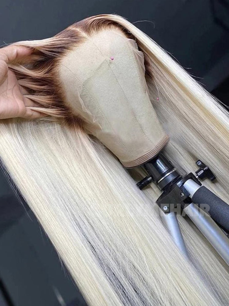 CurlyMe Ombre Blonde Hair With Brown Root Straight Hair 13x4 Lace Front Wigs Human Hair