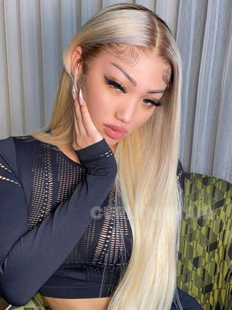 CurlyMe Ombre Blonde Hair With Brown Root Straight Hair 13x4 Lace Front Wigs Human Hair