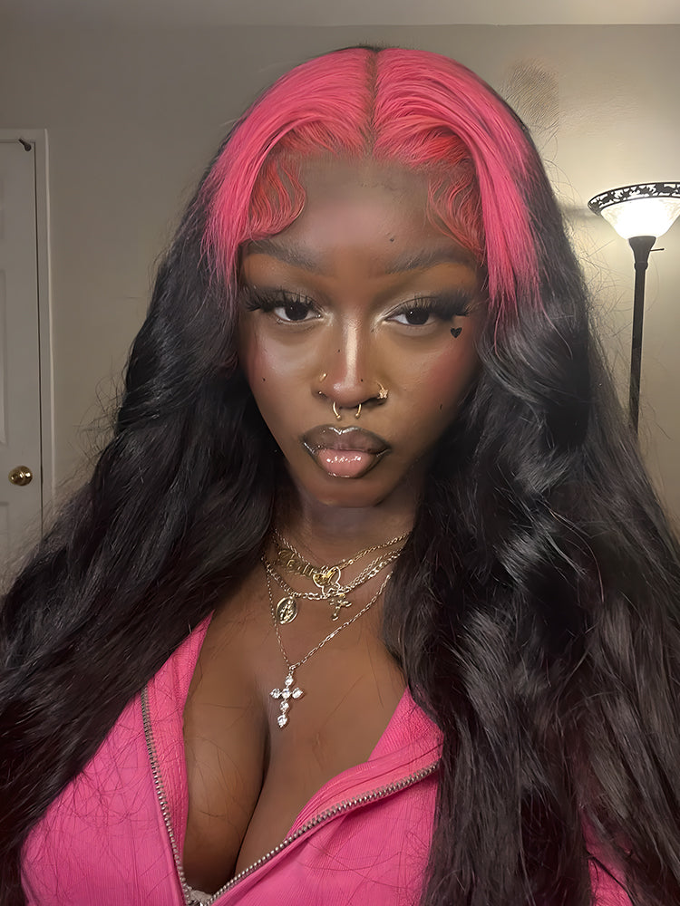 CurlyMe Pink Roots Body Wave Natural Color 13x4 Lace Front Wigs Ombre Hair