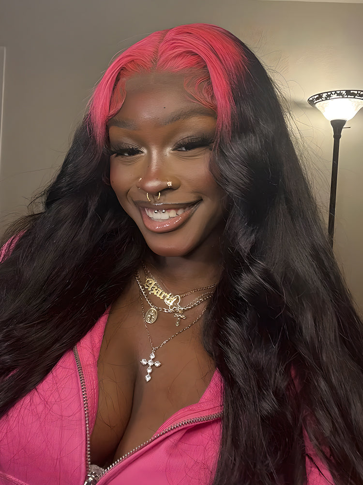 CurlyMe Pink Roots Body Wave Natural Color 13x4 Lace Front Wigs Ombre Hair
