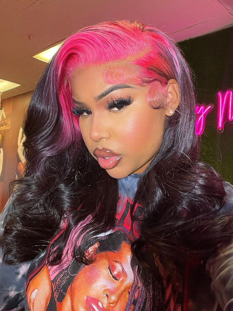 CurlyMe Pink Roots Body Wave Natural Color 13x4 Lace Front Wigs Ombre Hair