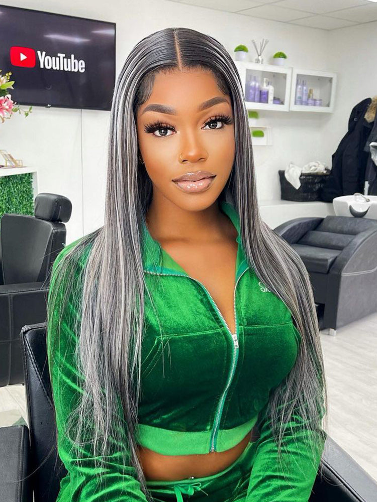 CurlyMe Platinum Gray and Black Straight Ombre Highlights Hair 13x4 Lace Front Wigs
