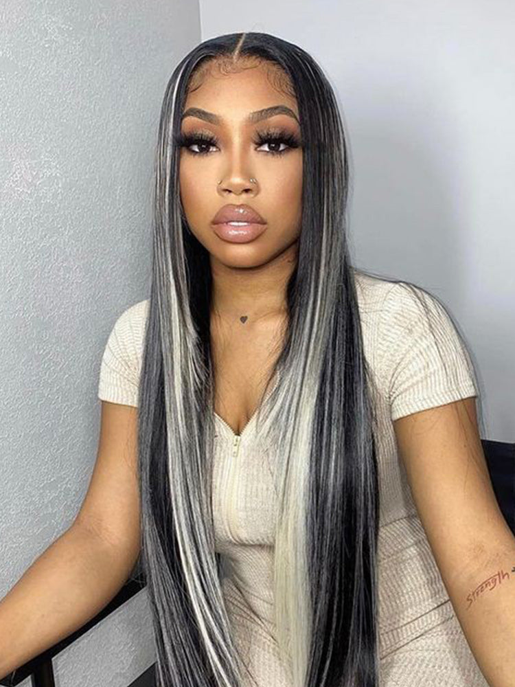 CurlyMe Platinum Gray and Black Straight Ombre Highlights Hair 13x4 Lace Front Wigs