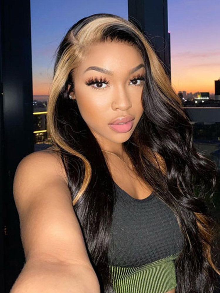 CurlyMe Skunk Stripe Hair Straight Honey Blonde Highlights 13x4 Lace Front Wigs Human Hair