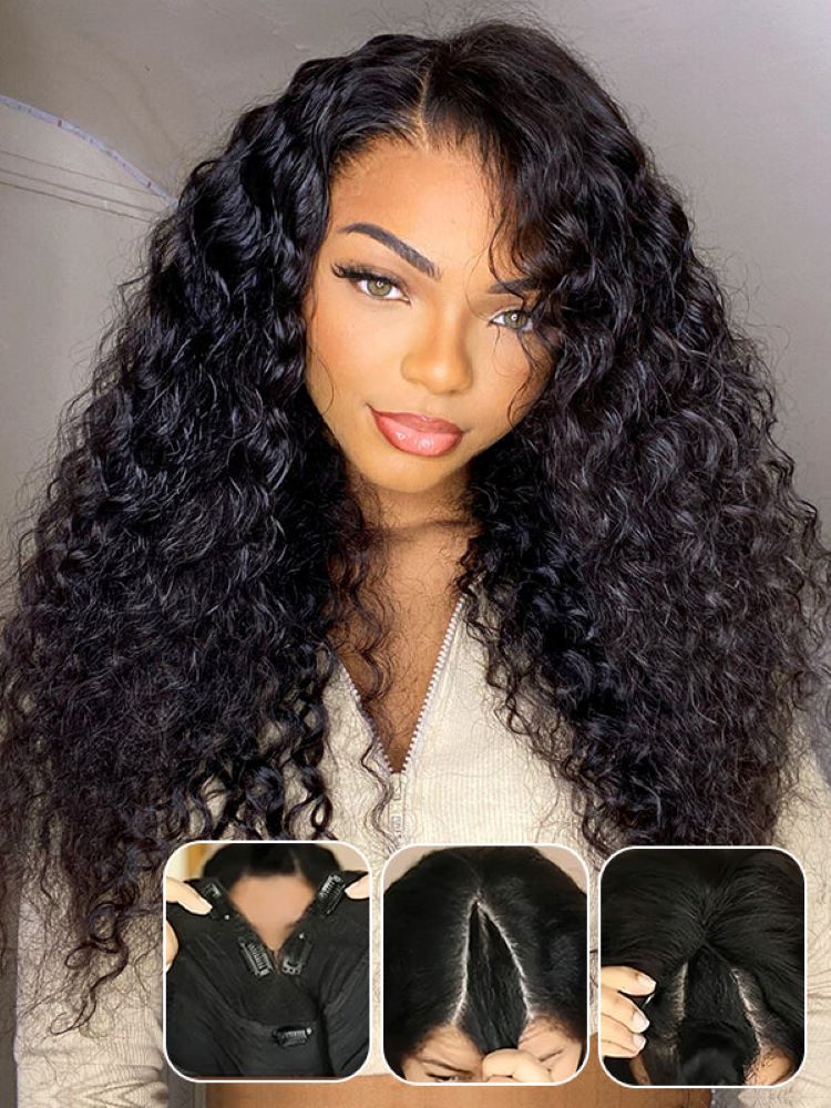 CurlyMe Water Wave V Part Wig Human Hair Glueless No Lace Wig Same as Thin Part