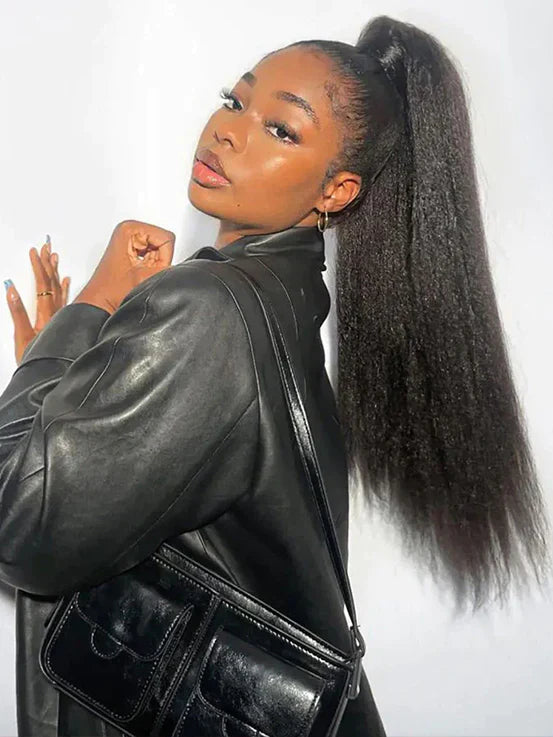Real Human Hair Drawstring Ponytail Straight & Wavy Natural Black Wrap Around Magic Velcro Ponytail Extension Clip In