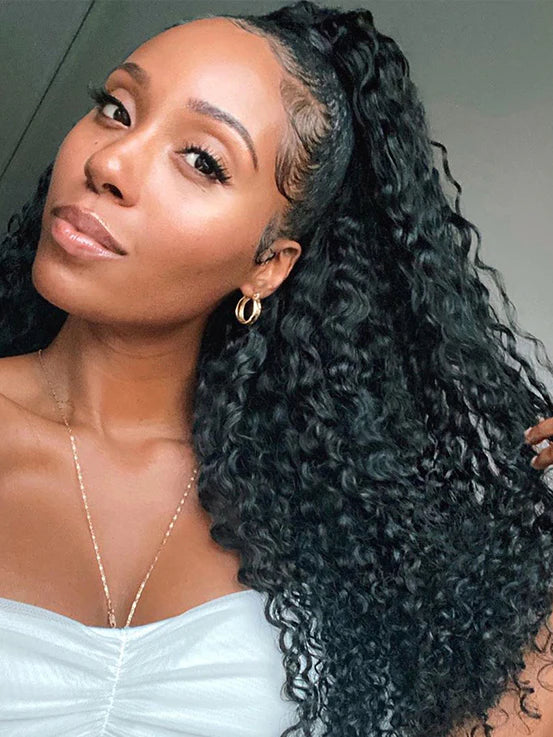 Real Human Hair Drawstring Ponytail Straight & Wavy Natural Black Wrap Around Magic Velcro Ponytail Extension Clip In