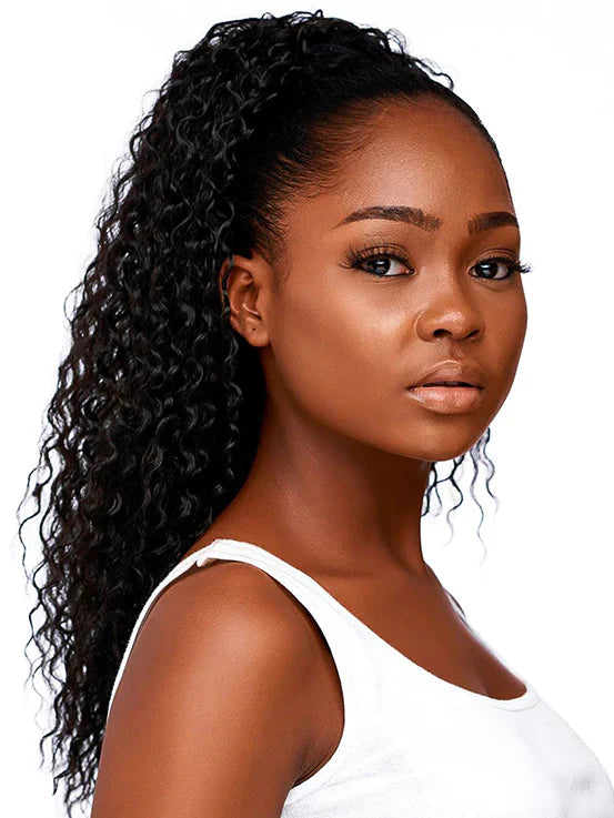 Real Human Hair Drawstring Ponytail Straight & Wavy Natural Black Wrap Around Magic Velcro Ponytail Extension Clip In
