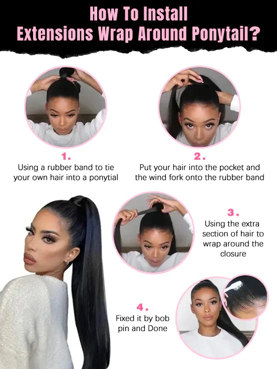 Real Human Hair Drawstring Ponytail Straight & Wavy Natural Black Wrap Around Magic Velcro Ponytail Extension Clip In