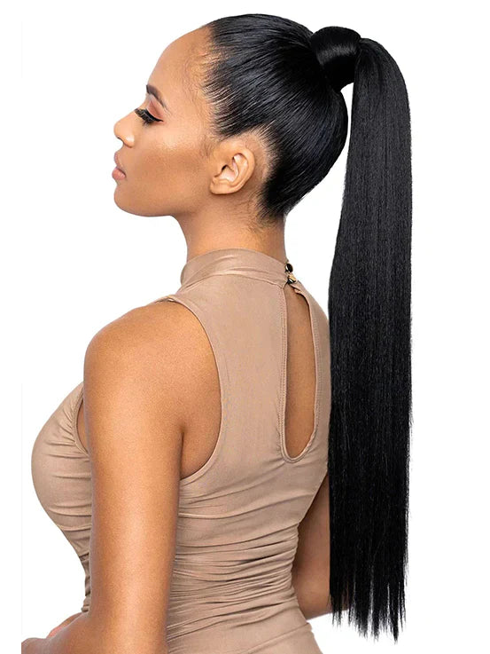 Real Human Hair Drawstring Ponytail Straight & Wavy Natural Black Wrap Around Magic Velcro Ponytail Extension Clip In